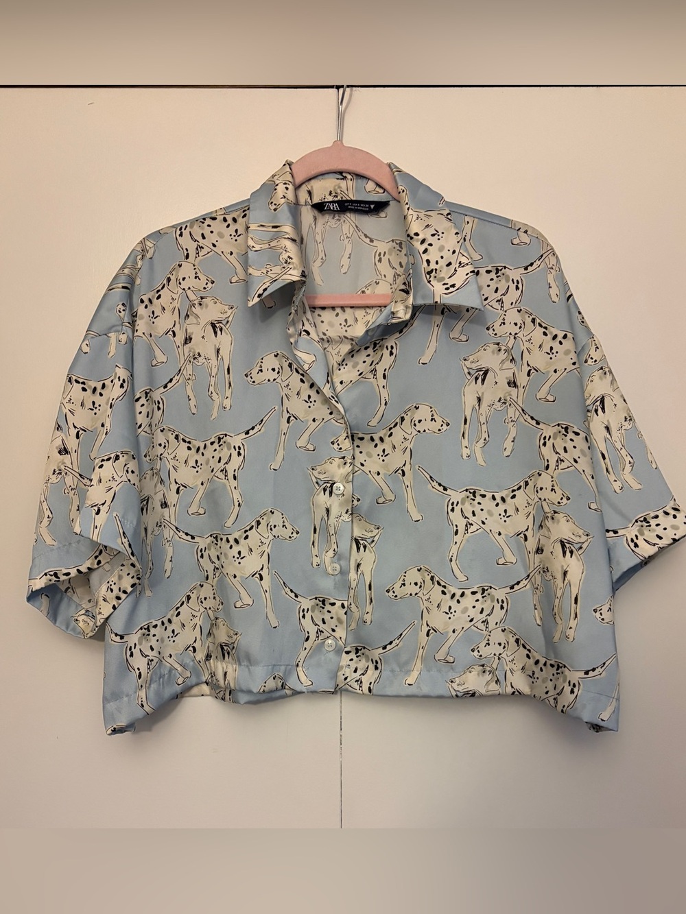 Zara Pale Blue Dalmatian Print Button-Down Shirt size S